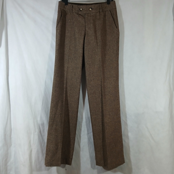 Eddie Bauer Womens 6 Tall Brown Tweed Pants Wool Blend Full Leg Velvet Trim - Picture 1 of 15
